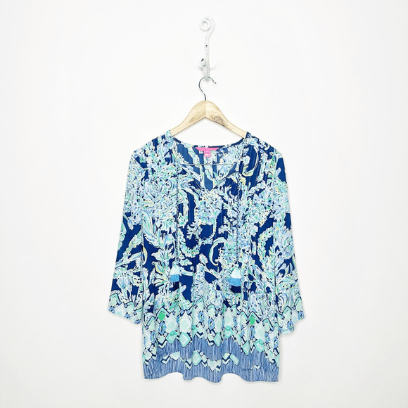 Lilly Pulitzer Marilina Tunic Womens XS Scuba Doo High Tide Navy 001471 tassles - Picture 1 of 7